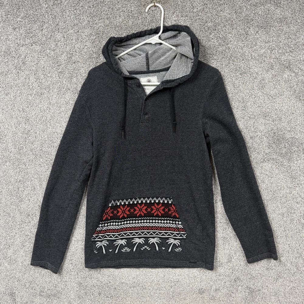 On The Byas Hoodie Mens S Gray Henley Fair Isle Palm Tree Pocket Tropical Boho